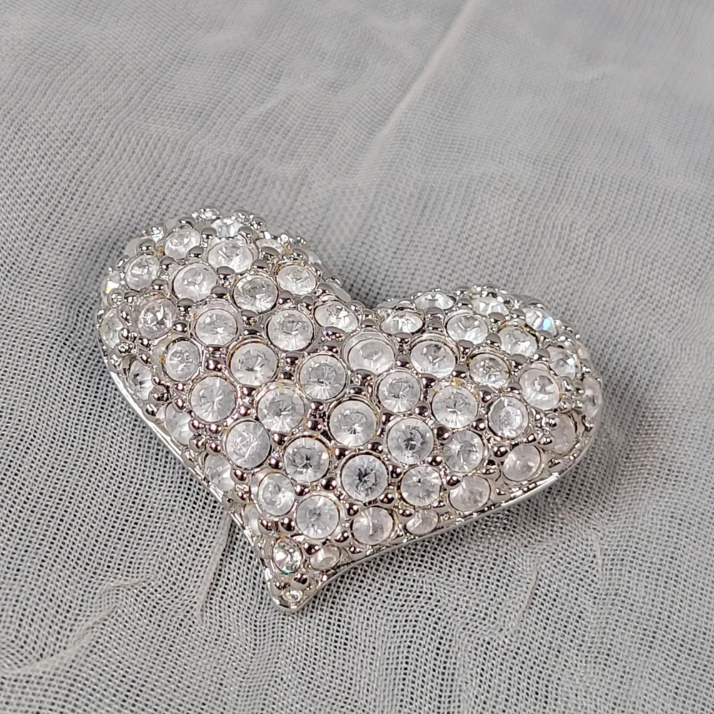 Swarovski Clear Crystal Pave Heart Brooch Pin Silver Tone Swan Logo Hallmarked
